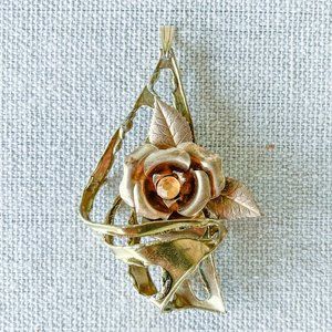 Vintage 1970s Brass Rose Pendant - Unique Costume Jewelry - Gold-Tone